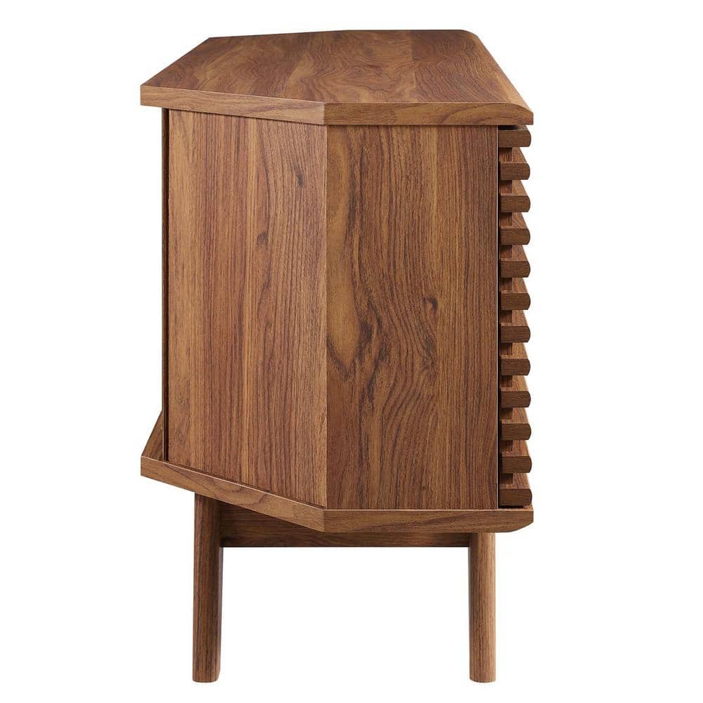 Walnut Mid-Century Modern Corner TV Stand with Sliding Doors