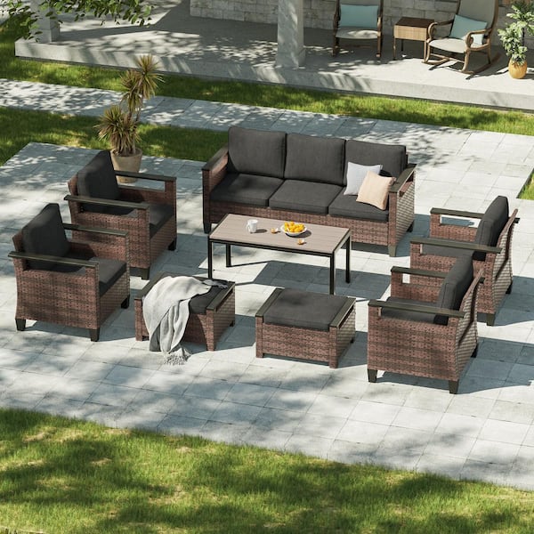 8-Piece Patio Conversation Set with Coffee Table Wide Armrests Sofa with Ottoman Brown Wicker Black Cushions
