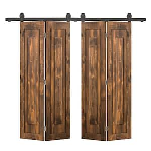 48 in. x 80 in. 1-Panel Shaker Hollow Core Walnut Pine Wood Double Bi-Fold Door with Barn Door Hardware Kit