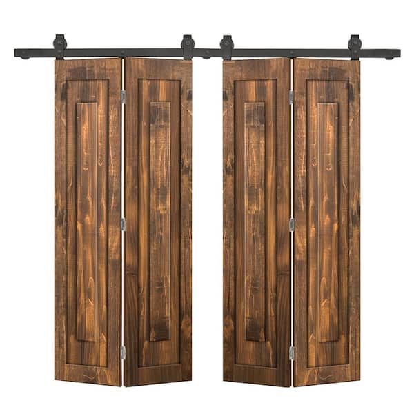 72 in. x 80 in. 1 Panel Shaker Hollow Core Walnut Pine Wood Double Bi-fold Door with Barn Door Hardware Kit
