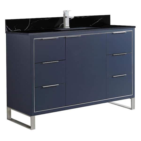 FINE FIXTURES Opulence 48 in. W x 18 in. D x 33.5 in. H Single Sink Bath Vanity in Navy Blue with Black Marble Top