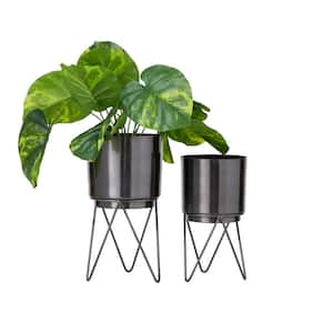 12 in., and 10 in. Medium Black Metal Planter with Removable Stand (2- Pack)