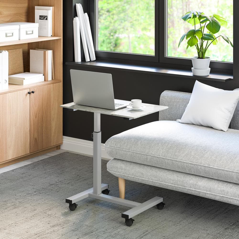 Adjustable Marble and Silver Mobile Side Table Cart