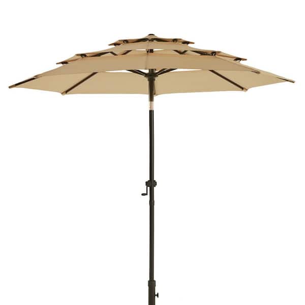 PASAMIC 9 ft. 3-Tier Market Patio Umbrella with Push Button Tilt and Crank in Tan