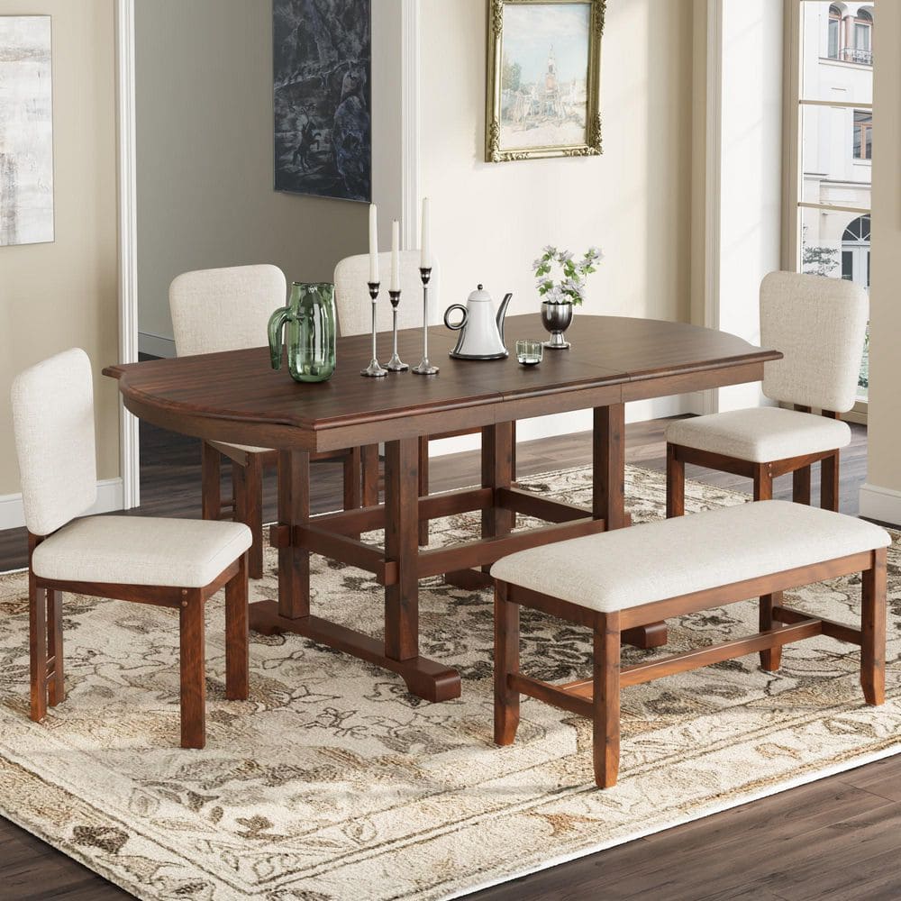Traditional 6-Piece Extendable Dining Set with Bench, 60‑inch to 78‑inch Solid Wood Table, Espresso and Beige