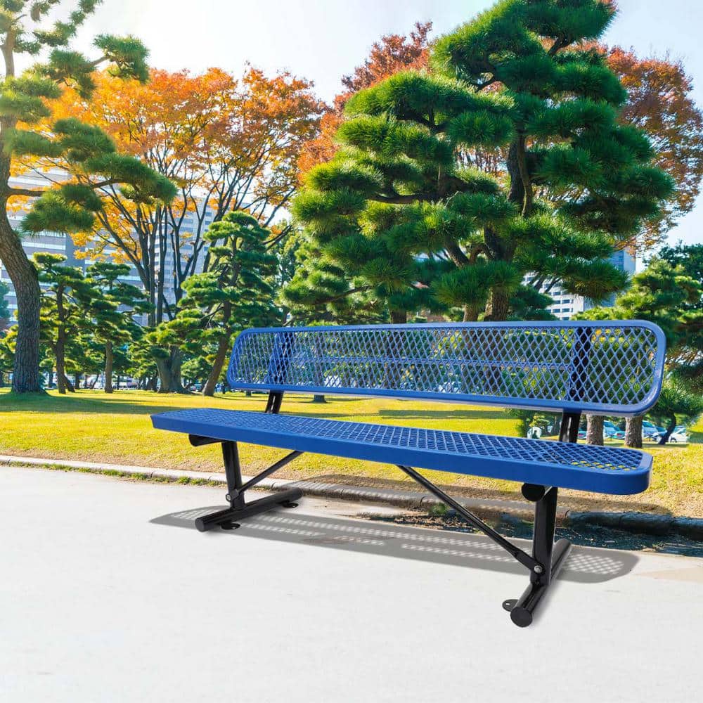 6 ft Blue Steel Outdoor Bench with Mesh Backrest