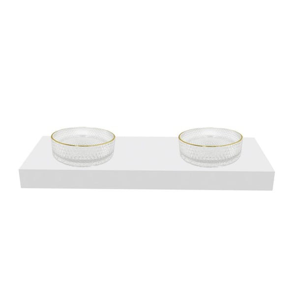 60 in. Wall Mounted Bathroom Countertop Shelf in White Solid Surface with 2 Top Gold Round Glass Vessel Sink