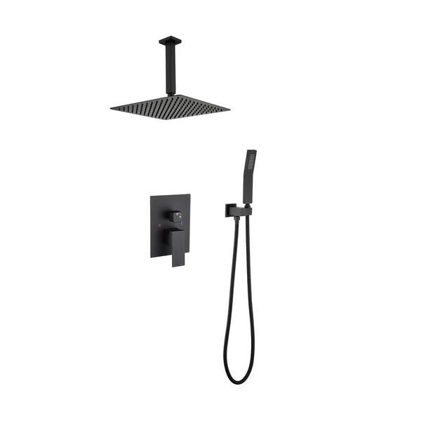 Unbranded Single-Handle 2-Spray Square High Pressure 16 in. Shower Head with Hand Shower Faucet in Matte Black (Valve Included)