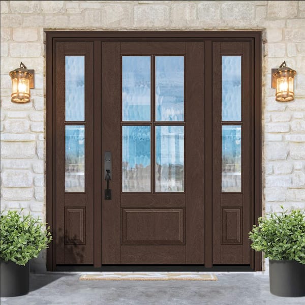 Regency 64 in. x 80 in. 3/4Lite 4SDL Oasis Deco Glass RHIS Prefinish Chestnut Fiberglass Prehung Front Door w/2_ 12inSL