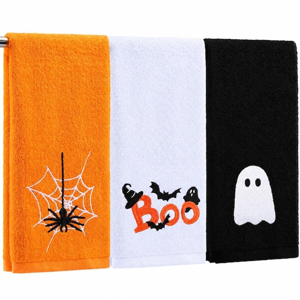 Black White Orange Spider 100% Cotton Kitchen Hand Towels 3-Piece Halloween Set Decor