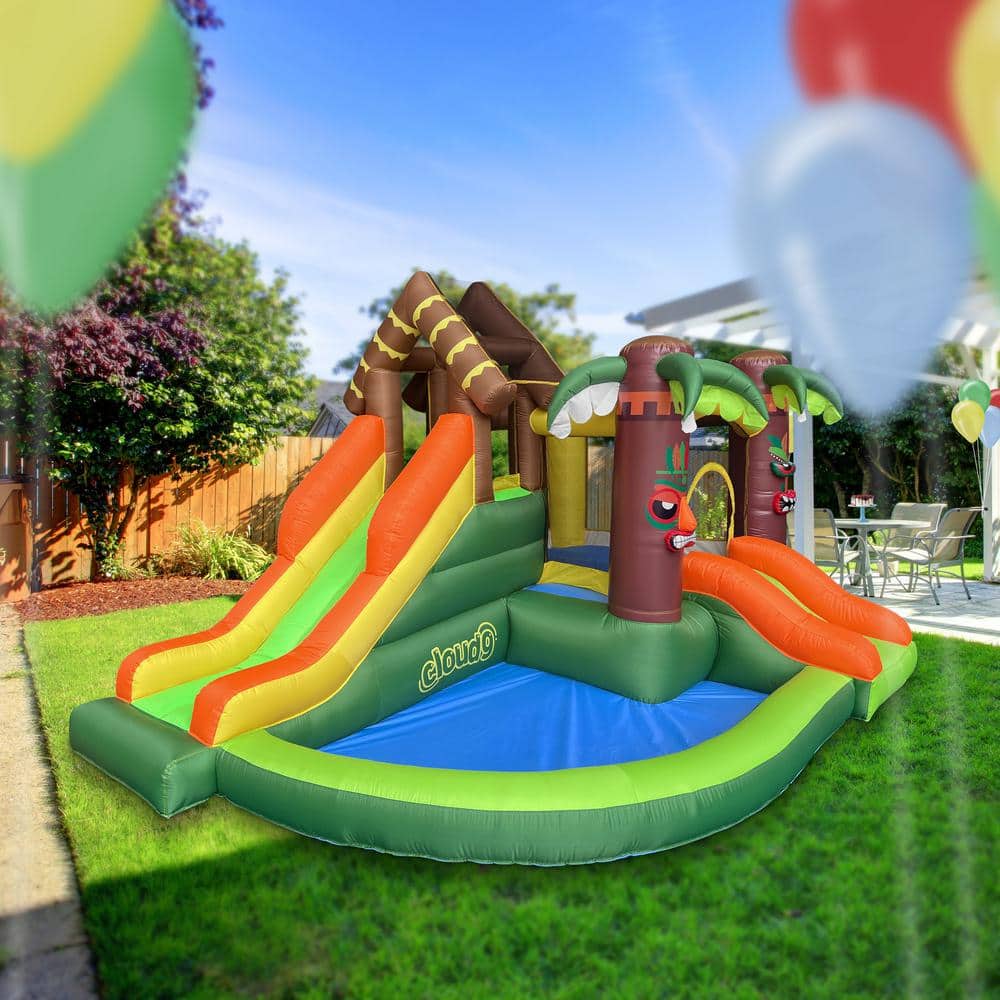 Jungle Theme Inflatable Bounce House with Dual Slides and Ball Pit