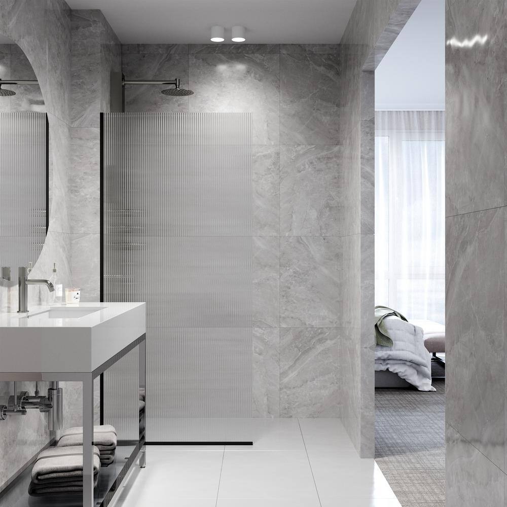 Zenith 34" Matte Black Frameless Fluted Glass Shower Screen