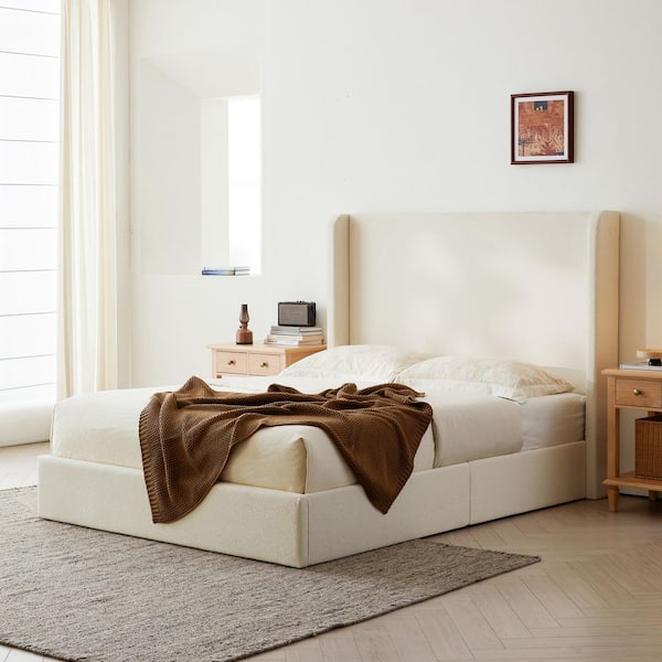 Kilby Ivory White Boucle Fabric Upholstered Wood Frame King Size Platform Bed with Wingback High Headboard