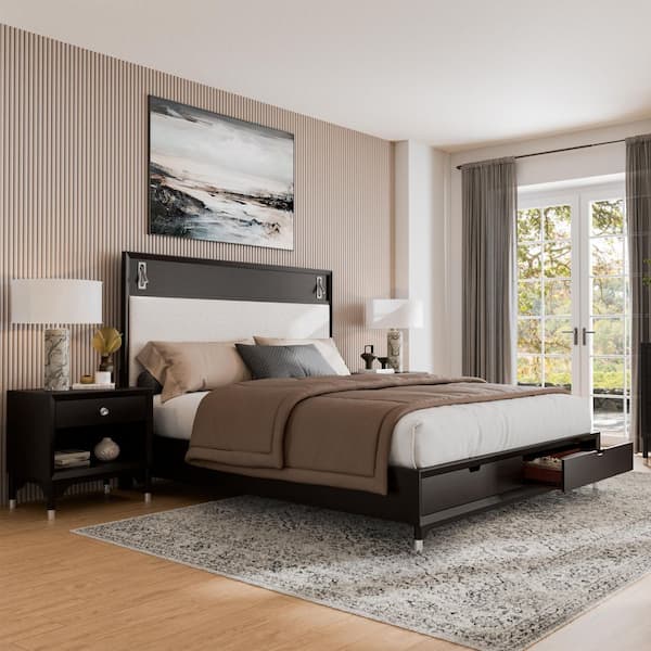 Furniture of America Forma 3-Piece Mid Century Black Wood Queen Storage Platform Bedroom Set With 2 Nightstands