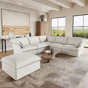 122.48 in. W Flared Arm Linen Modular Down-Filled Free Combination Sofa 6-Piece with Ottoman in White