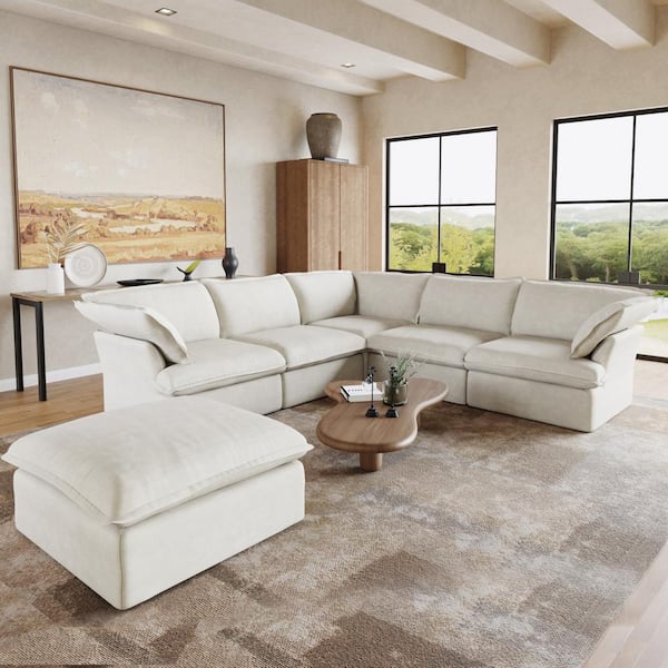 122.48 in. Wide Flared Arm Linen Modular Down-Filled Free Combination Sofa 6-Piece with Ottoman in. White