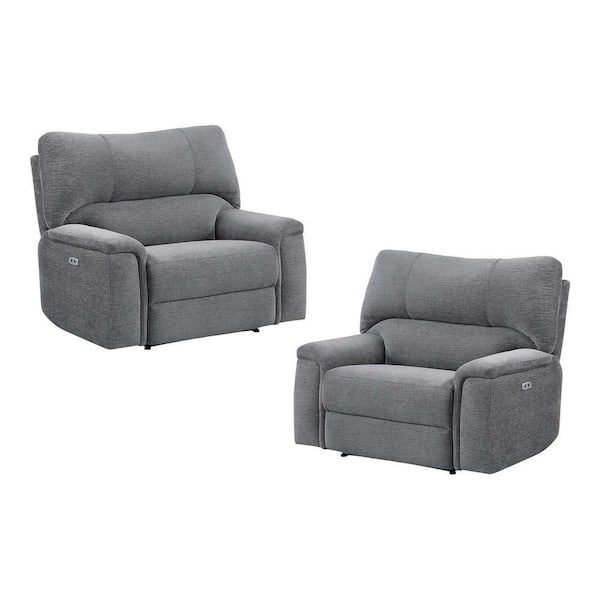 EVERGLADE HOME Monty 48.5 in. D Charcoal Flared Arm Chenille Straight Power Armrests Reclining Chair with Headrest (Set of 2)