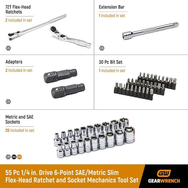 1/4 in. Drive 6-Point SAE/Metric Slim Flex-Head Ratchet and Socket Mechanics Tool Set (55-Piece)