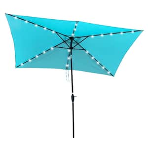 10 ft. x 6.5 ft. Rectangular Patio Beach Market Solar LED Lighted Umbrella in Turquoise with Crank and Push Button Tilt