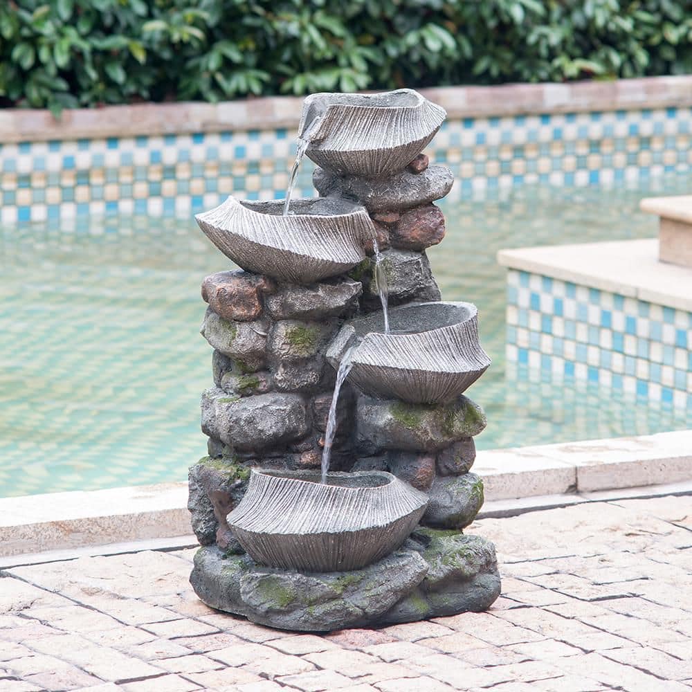 絵画 water fountain 31.5 in. Outdoor 4-Tier Polyresin Waterfall Fountain with LED