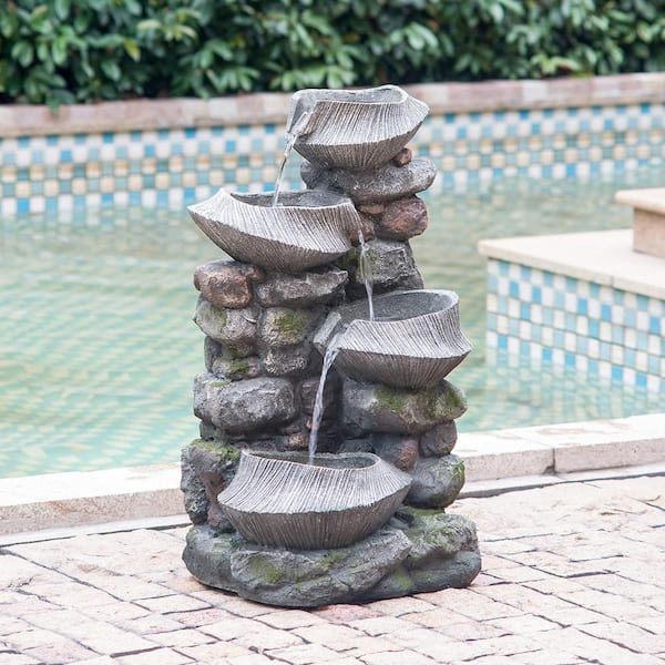 31.5 in. Outdoor 4-Tier Polyresin Waterfall Fountain with LED