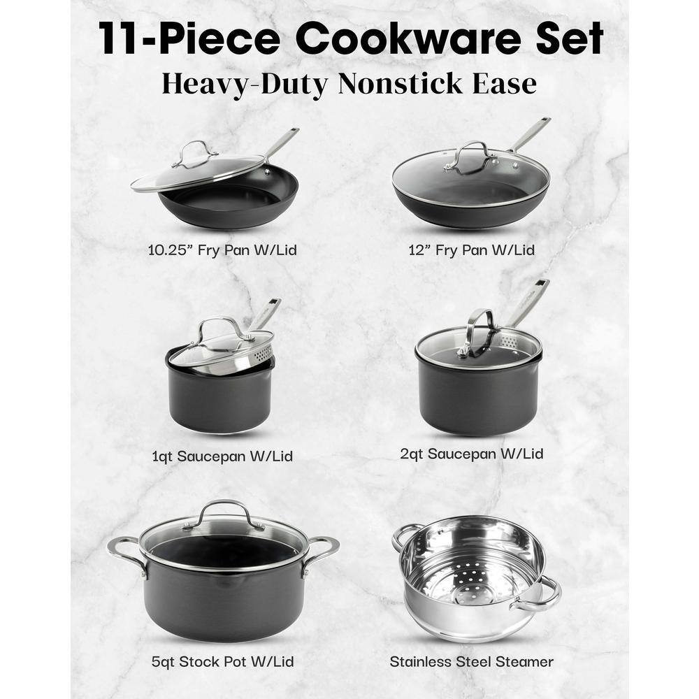 11-Piece Black Anodized Nonstick Stainless Steel Cookware Set