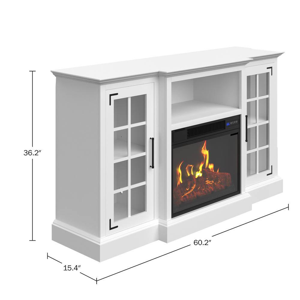 White 65-Inch TV Stand with Electric Fireplace and Cabinets