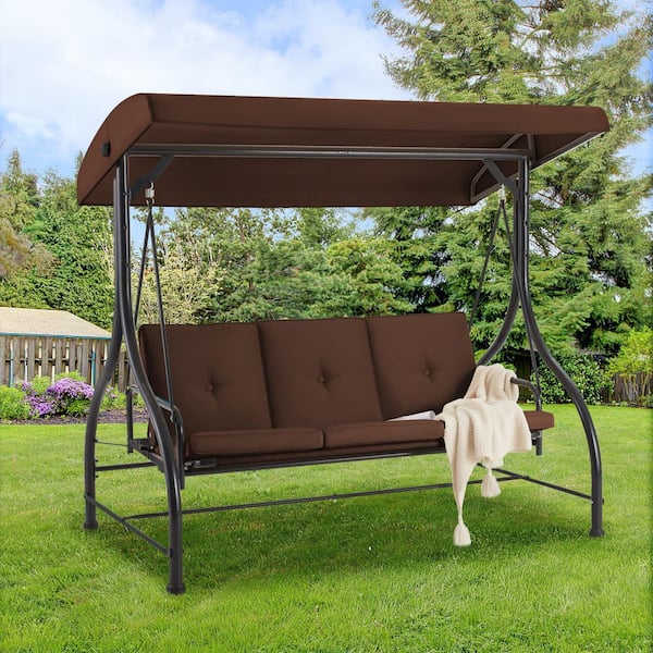3-Person Black Metal Outdoor Patio Swing Chair with Adjustable Canopy and Brown Cushion