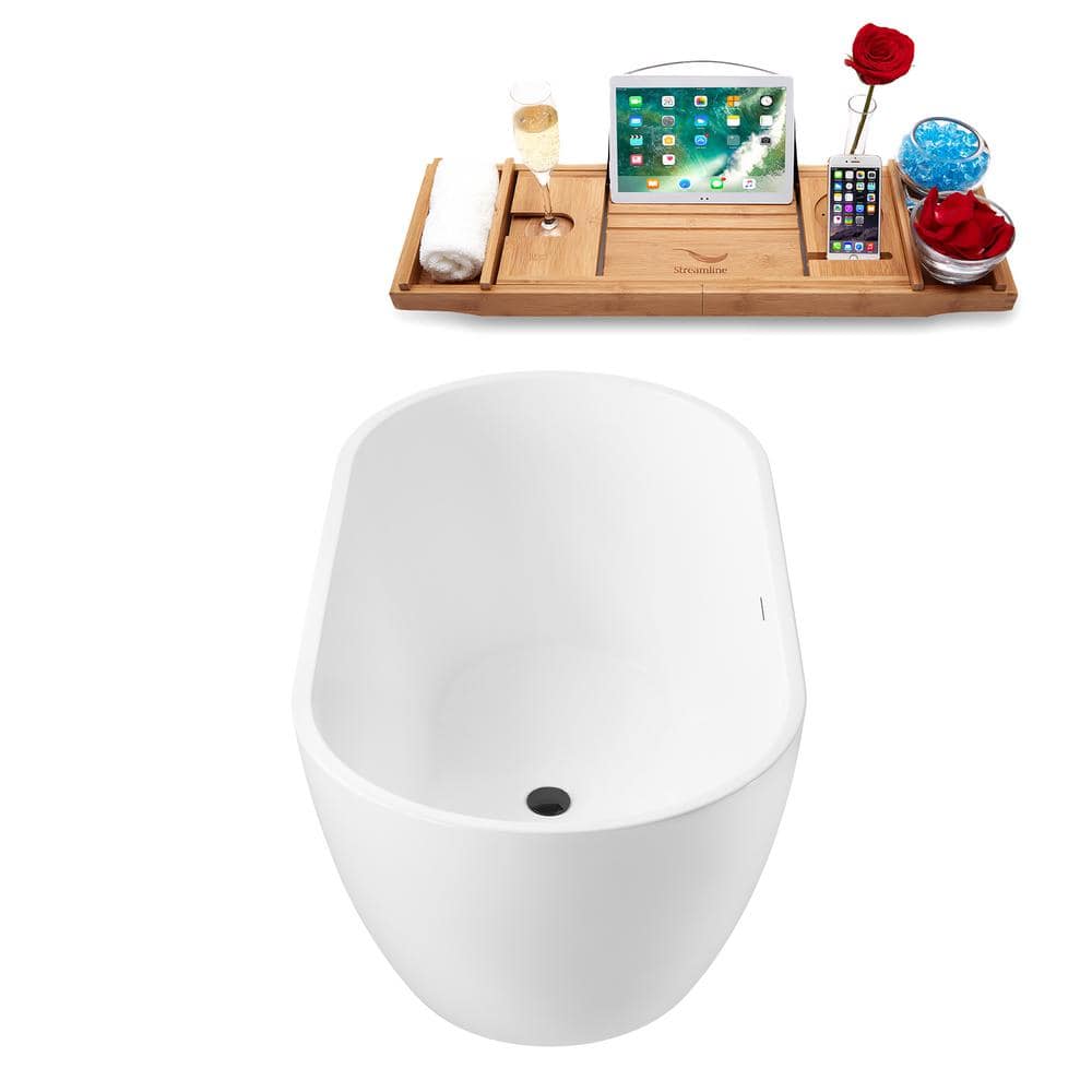 55" Glossy White Acrylic Freestanding Soaking Tub with Tray