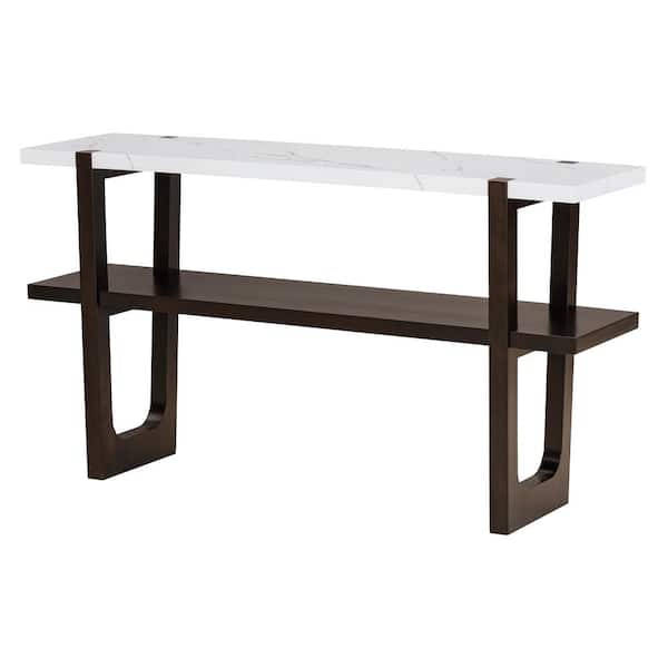 54 in. Espresso Rectangle MDF Console Table with Storage Shelf and Marble-Effect Top