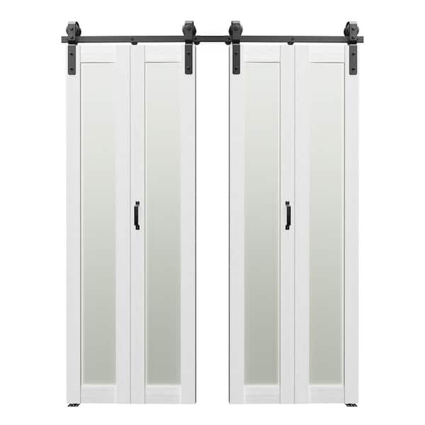 60 in. x 84 in. (30 in. W x 2)White Tempered Frosted Glass MDF Bi-Fold Style Full Lite Sliding Barn Door w/ Hardware Kit