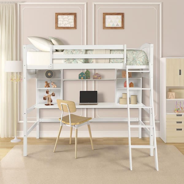 White Twin Size Wood Loft Bed with Storage Shelves, Desk and Ladder