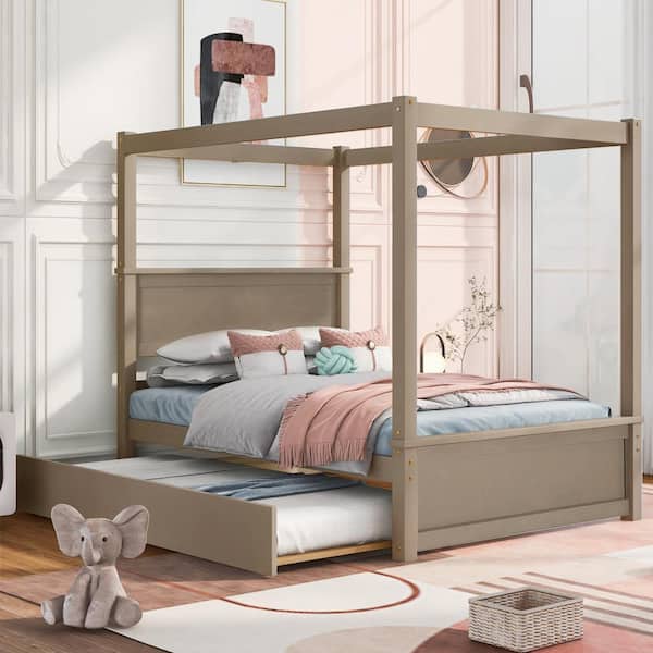 GODEER 80 in. W Light Brown Wood Frame Full Canopy Platform Bed with Support Slats Wood Canopy Bed with Trundle Bed