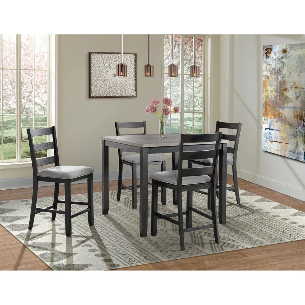 Ladderback Black Wood Side Chair with Grey Upholstered Seat