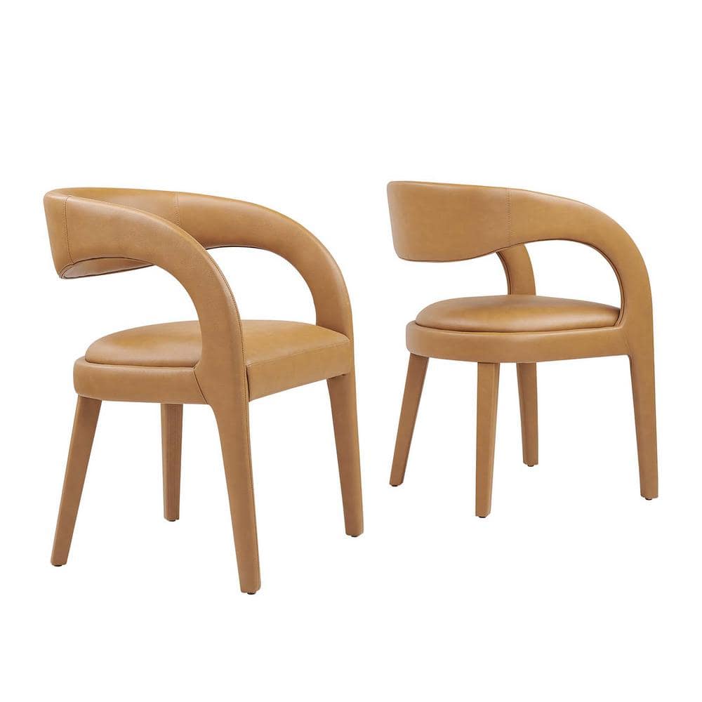 Tan Vegan Leather Low Arm Chair with Wood Legs