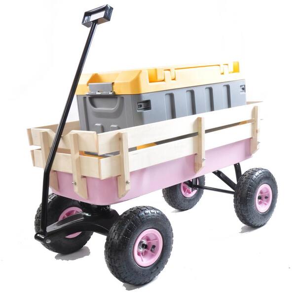 Garden Cart with Wood Railing and Pneumatic Wheels - Costway