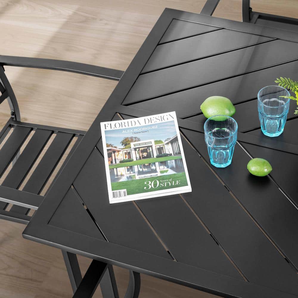 Black Powder-Coated Iron Outdoor Dining Table with Umbrella Hole