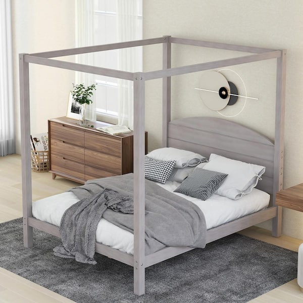 Harper & Bright Designs Gray Wood Frame Queen Size Canopy Bed with Headboard and Slat Support Legs