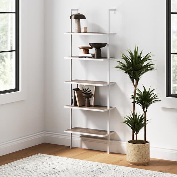 Nathan James Theo Gray Oak 5-Shelf Ladder Bookcase or Bookshelf with White Metal Frame