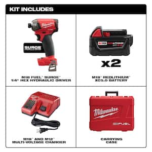 M18 FUEL SURGE 18V Lithium-Ion Brushless Cordless 1/4 in. Hex Impact Driver Kit with M12 Pin Nailer & 2.0 Ah Battery