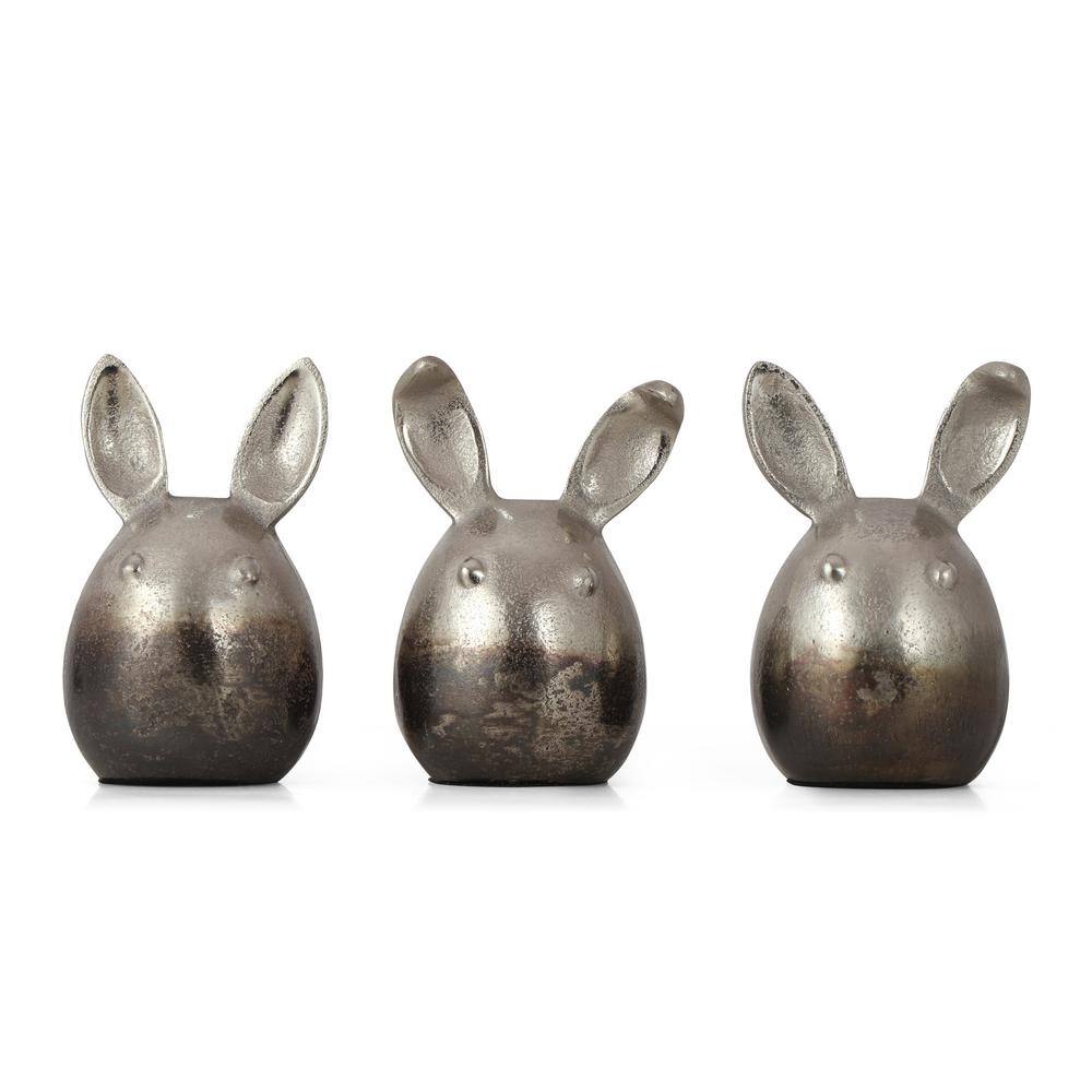 Silver Set of 3 Aluminum Adorable Round Bunnies, on The Table for Home Deco