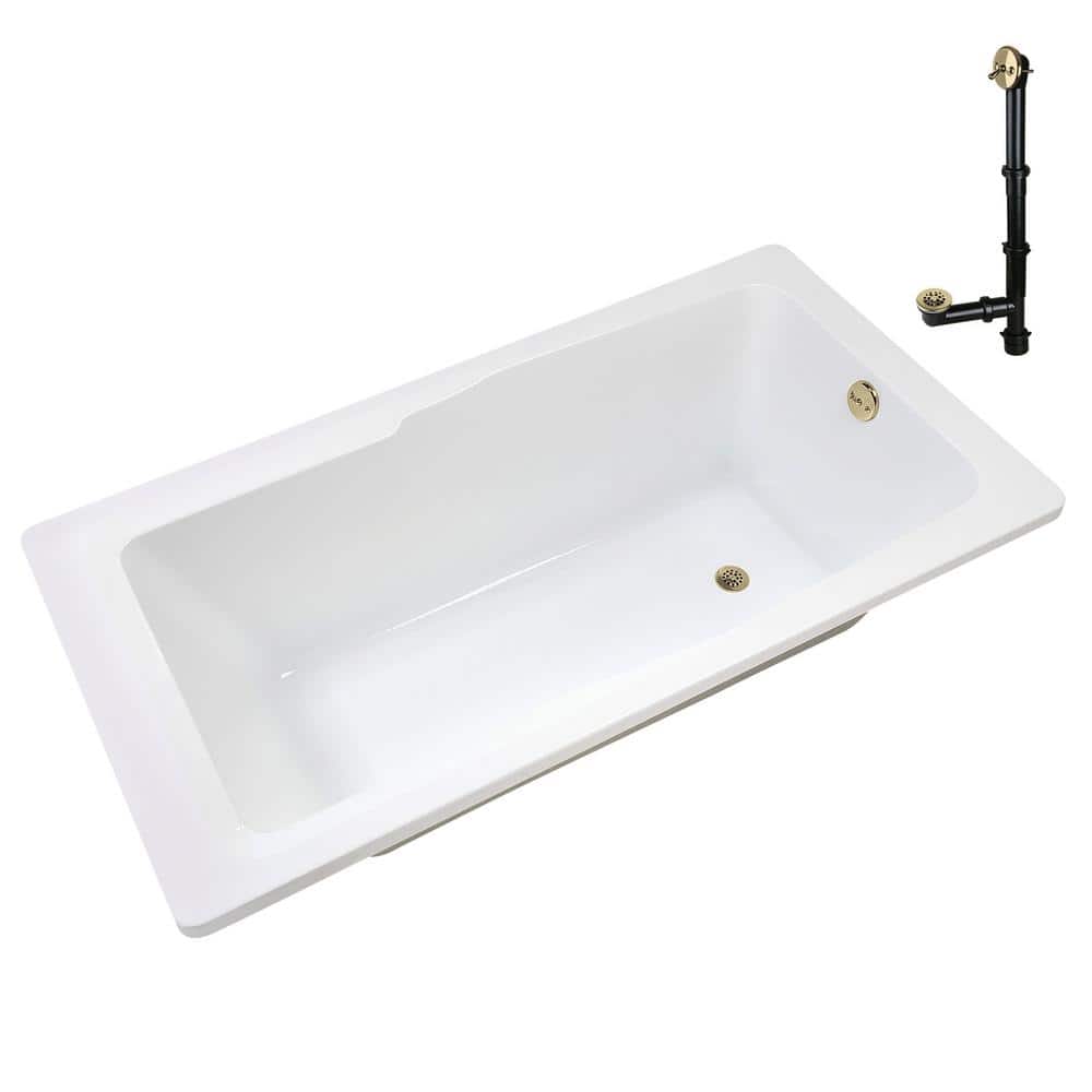 66'' Glossy White Acrylic Soaking Drop-In Bathtub with Polished Brass Drain