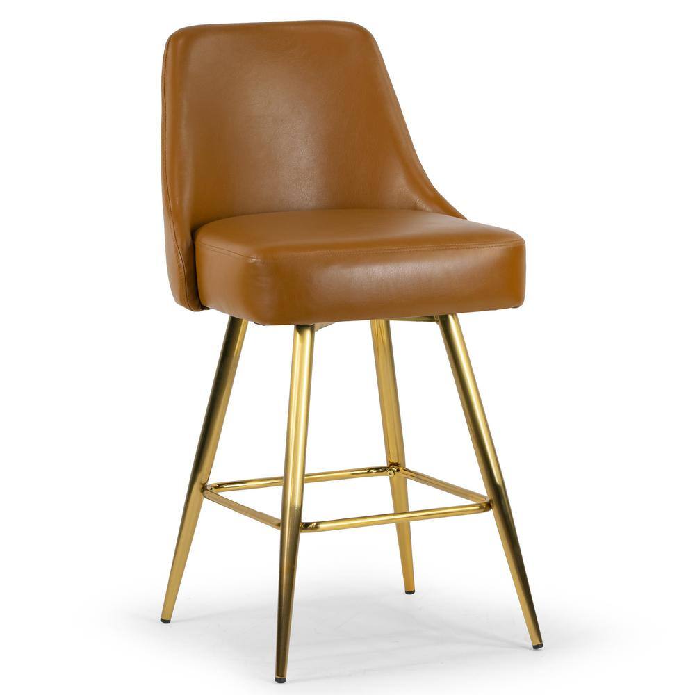 Set of 2 Light Brown Upholstered Iron Frame Counter Stools with Golden Legs