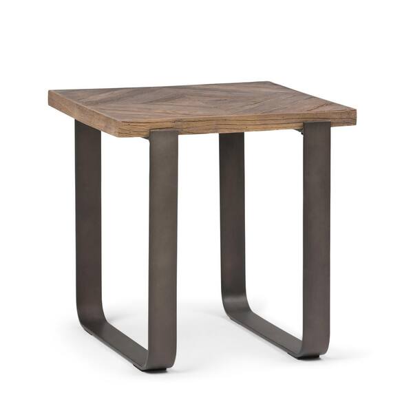 Simpli Home Peyton Solid Aged Elm Wood and Metal Square Modern Industrial End Side Table in Distressed Java Brown Wood Inlay