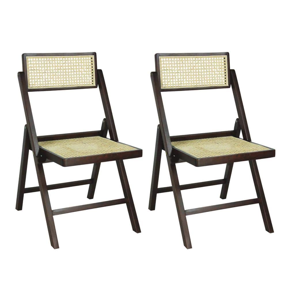 Theo Dark Brown Wood and Rattan Folding Chairs, Set of 2