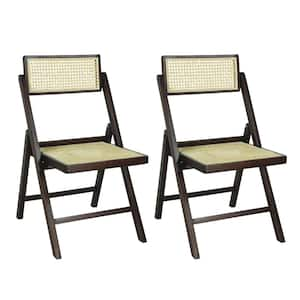 Theo Mid-Century Vintage Wood Rattan Folding Side Chair with Adjustable Back, Dark Brown (Set of 2)