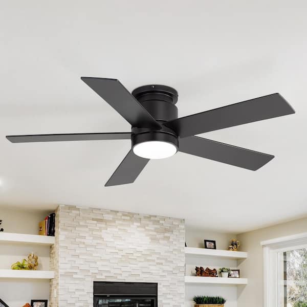 Odil 42 in. Indoor Black Flush Mounted Ceiling Fan with Integrated LED Light, Reversile Blade and Remote Included