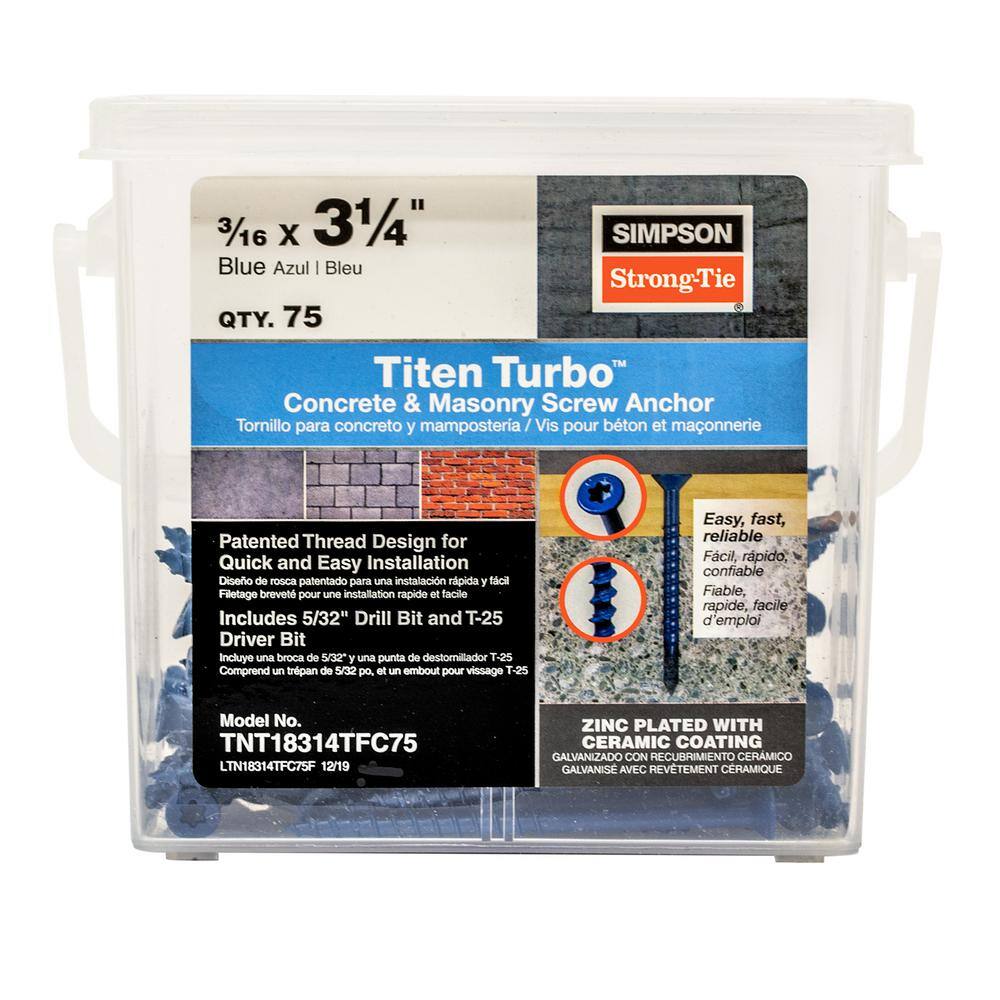 Simpson Strong-Tie Titen Turbo 3/16 in. x 3-1/4 in. 6-Lobe Flat-Head  Concrete and Masonry Screw, Blue (75-Pack) TNT18314TFC75 - The Home Depot