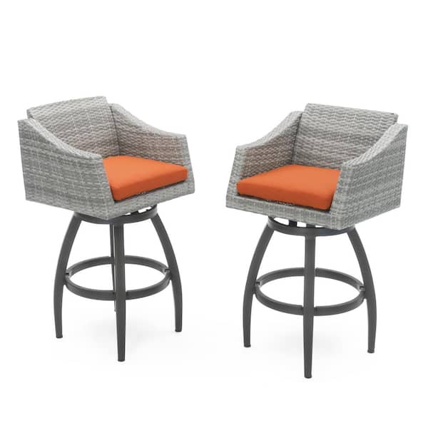RST BRANDS Cannes Swivel Wicker Outdoor Barstools with Sunbrella Tikka Orange Cushions (2-Pack)