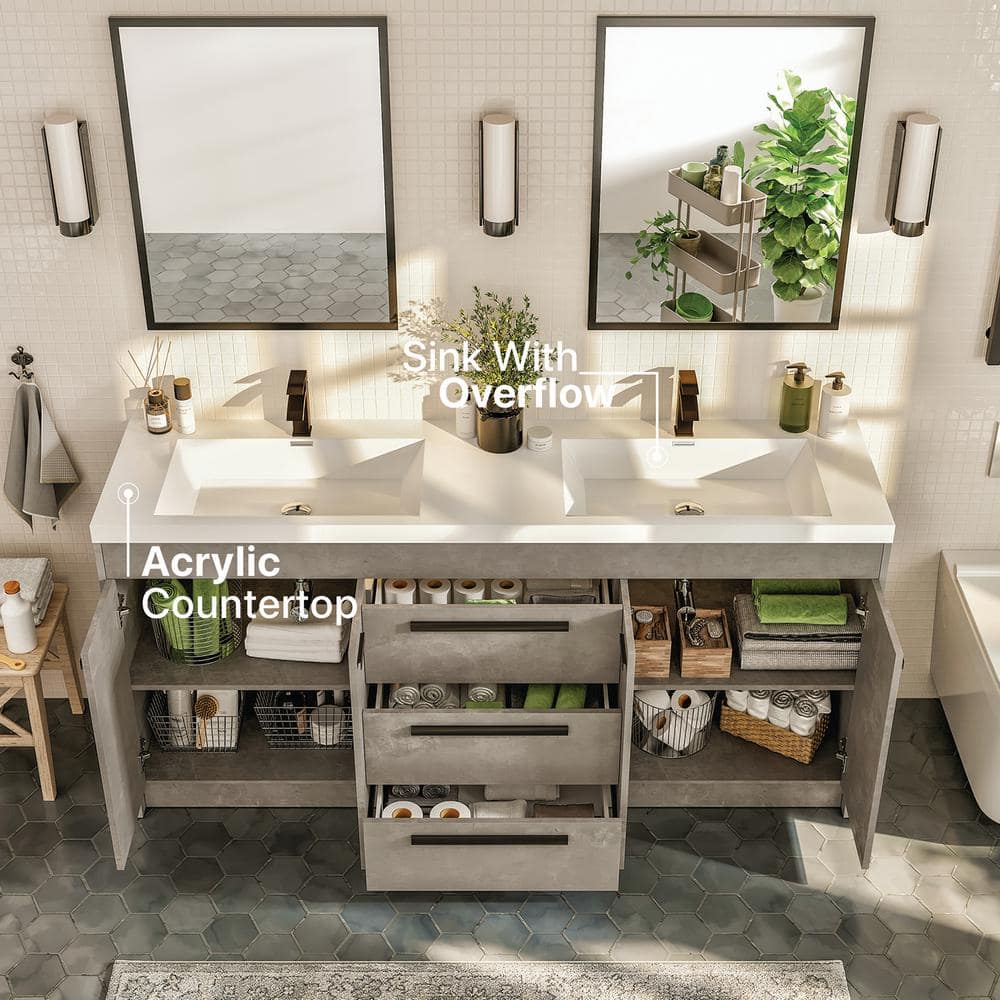 Lugano 60" Cement Gray Double Sink Modern Bathroom Vanity